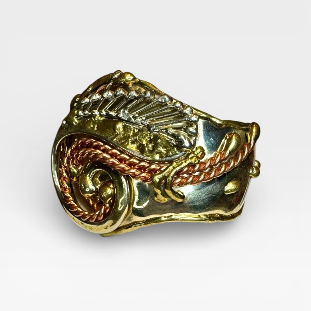 VINTAGE ARTISAN 1970s Brutalist Mixed Metal Bangle Cuff Bracelet, Adjustable - Picture 5 of 13